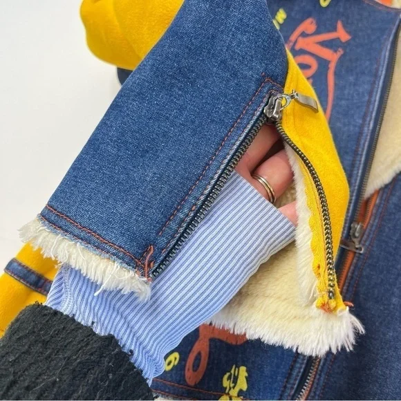 RARE Vintage Von Dutch Y2K Pink & Yellow Suede Blue Denim Faux Fur Bomber Jacket - Picture 9 of 16